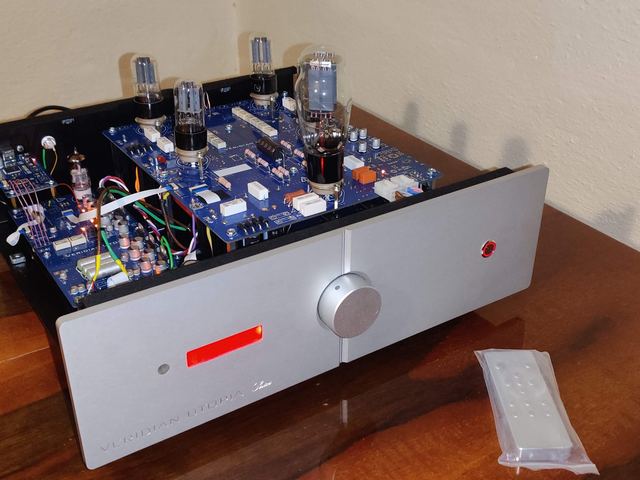 Anthracite panel, preamp mode indicator below the volume