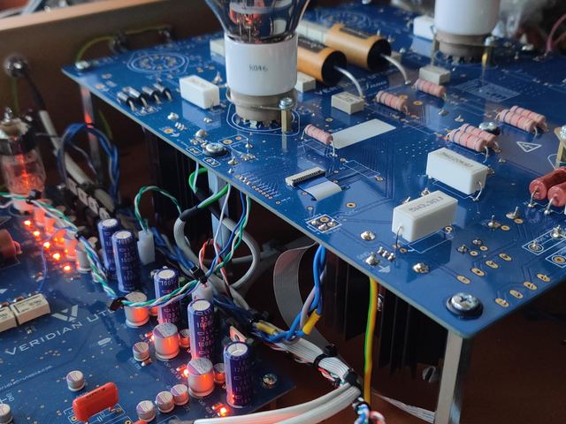 Bias LEDs lit, copper foil capacitors at left